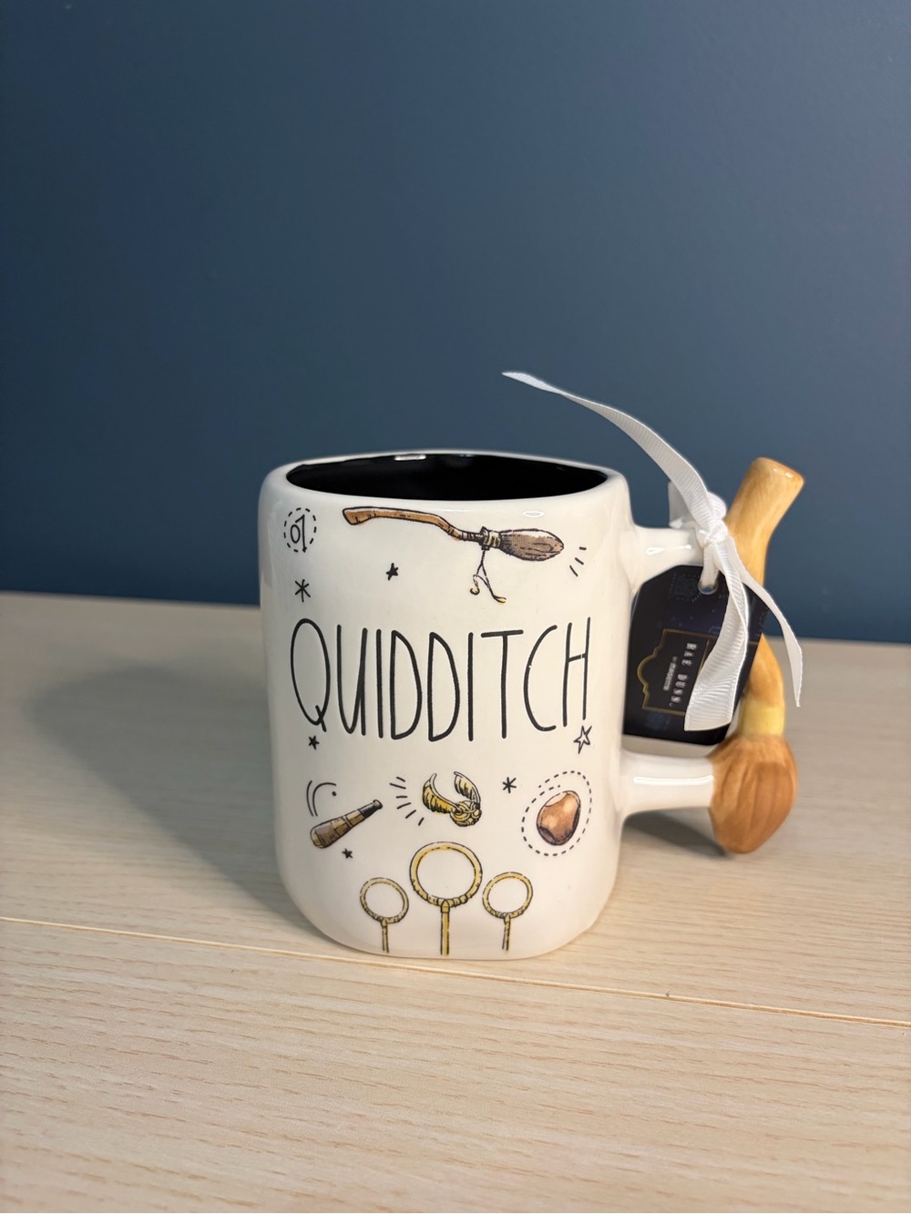 Rae Dunn White Quidditch Ceramic Mug with Broom Handle Accent